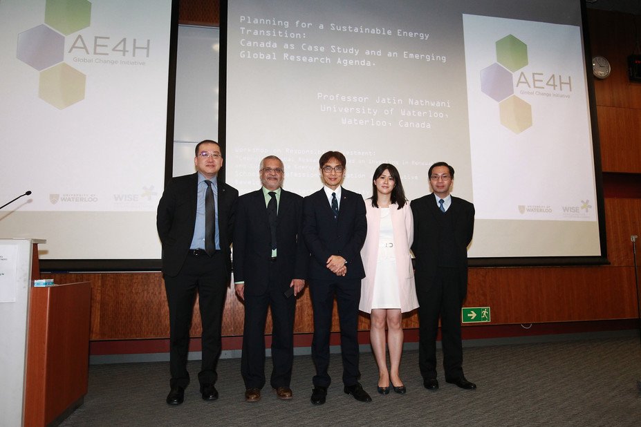 Prof. Jatin Nathwani (2nd from left), Ontario Research Chair in Public Policy and Sustainable Energy, Faculty of Engineering and Faculty of Environment, University of Waterloo, delivered a workshop titled “Emerging Global Research Agendas on Investing in Renewable and Sustainable Energy” at the PolyU Hung Hom Bay Campus on 10 March 2017. The workshop was supported by a grant of the Inter-institutional Development Scheme (IIDS) of the Research Grants Council of the HKSAR (UGC/IIDS24/B02/16). In the photo, Prof. Nathwani was joined by Prof. Peter Yuen (middle), Dean of PolyU CPCE, Dr Artie Ng (1st from left), Deputy Director of PolyU SPEED, Dr Tiffany C. H. Leung (2nd from right), and Dr Vincent Law (1st from right) at the IIDS workshop.